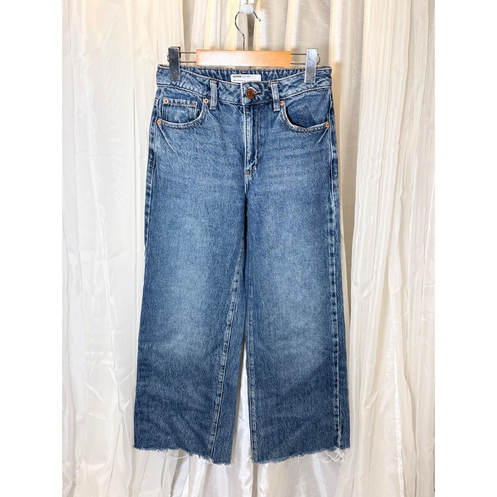 Garage Wide Leg Jeans Womens 0 24 Blue Raw Hem High Rise Cotton Cropped Denim